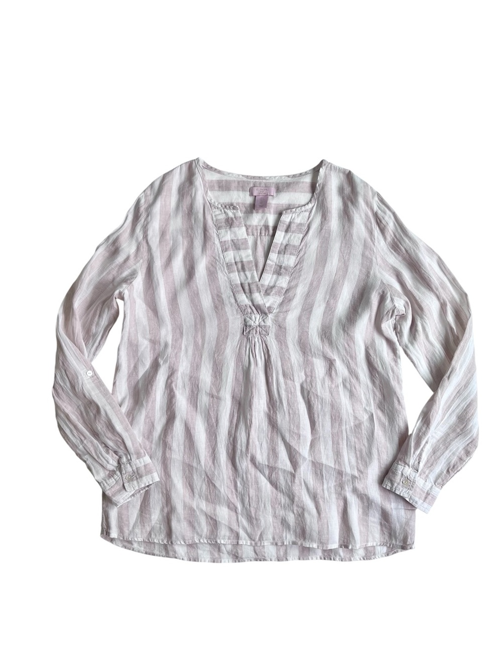 St. Tropez West Striped V-Neck Tunic Linen Top - White & Taupe